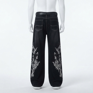Jeans de Mezclilla de Cintura Alta y Pierna Ancha para Hombre, con Bordado Floral, Corte Holgado, Estilo Urbano de Algodón, para Otoño - Product Image 2