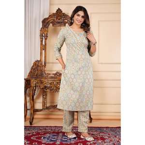 ชุดสلوارผ้าฝ้ายพิมพ์ลายดิจิทัลสีเขียวพาสเทลของ Aarti Fashion สำหรับผู้หญิง พร้อมดีไซน์ตกแต่งคอเสื้อแบบดีไซเนอร์ เสื้อผ้าสไตล์อินเดีย-ปากีสถาน - Product Image 5