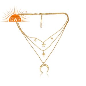 Collier en Zircon blanc, ensemble de breloques lune et étoile, Triple chaîne en laiton plaqué or, vente en gros de bijoux - Product Image 4