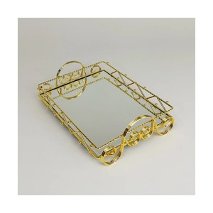 Rectangular Metal Storage <b>Tray</b> With <b>Mirrored</b> Surface Classic Design Single Tier Table Use Gold Finish Easy To Clean - Product Image 4
