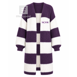 Cárdigan largo transpirable personalizado del Consejo NCNW con logotipo bordado en la parte delantera, morado y blanco, informal, de manga larga para mujer - Product Image 1