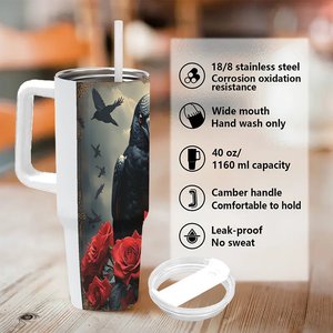Vaso de acero inoxidable de 40 oz con diseño de cuervo y rosas, taza de viaje - Product Image 5