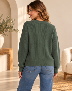 Women's Green Knitted <b>Cardigan</b> <b>Long</b> Sleeve V-Neck Button Closure Casual Autumn Wear Regular Fit Solid Color - Product Image 4