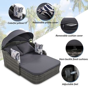 Lit de repos double réglable pour extérieur de 79,9 po en rotin PE blanc avec coussin gris et abri solaire - Product Image 3