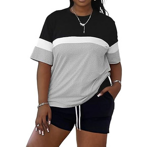 Women's Two Piece Knee Solid Knitted Short Sleeve T-Shirt Side Stripe Regular Fit Casual Top <b>Set</b> 100% Cotton Spring Summer - Product Image 1