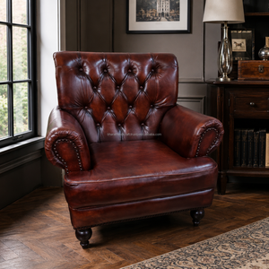 Classic Genuine Leather High <b>Back</b> Armchair with Tufted Wingback Design and Solid Wood Legs Elegant <b>Chair</b> for Living Room Bedroom - Product Image 4