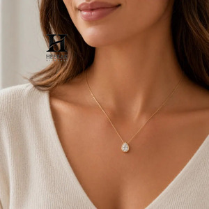 <b>Solid</b> 18K Yellow <b>Gold</b> Pear Shape Diamond Necklace with Halo Lab Created Diamond <b>Pendant</b> Custom Jewelry OEM/ODM Factory - Product Image 3