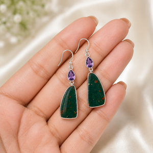 Natural Noreena Natural Bloodstone Amethyst Solid Sterling Silver Bohemia Water Drop <b>Dangle</b> <b>Earrings</b> Bezel Set Gemstone Drops - Product Image 6