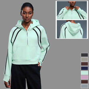Custom <b>Womens</b> Cropped <b>Quarter</b> <b>Zip</b> Fleece Hoodie High Collar Contrast Panel Athletic Pullover <b>Sweatshirt</b> Wholesale - Product Image 5