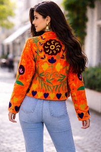 Reversible Quilted Eco-Friendly Breathable Winter Knitted Boho Orange Suzani Velvet Embroidered <b>Mandarin</b> <b>Collar</b> Bomber <b>Jacket</b> - Product Image 4