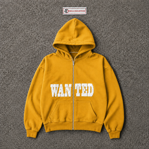 Sudadera con capucha extragrande dorada con cremallera completa para hombre, estilo urbano, con estampado gráfico 'Wanted', hombros caídos, ropa casual de moda - Product Image 5