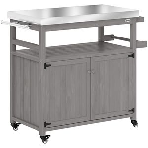 Carrello da Cucina per Esterni in Legno Massello con Piano in Acciaio Inox e Ruote, Armadietti Grigi, Carrello Resistente per Barbecue da Esterno - Product Image 1