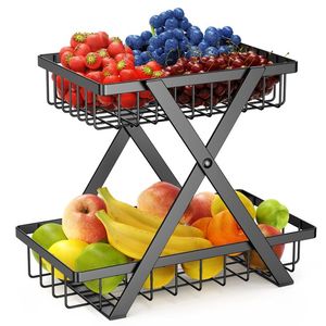 Panier de rangement double couche détachable et assemblable en bois et fer pour fruits et légumes, idéal pour la cuisine - Product Image 5