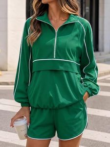 Ensemble court tendance pour femme : coupe-vent vintage uni, veste de survêtement légère et short assorti – Tenue décontractée pour le sport, la course, la gym et les activités de plein air - Product Image 5