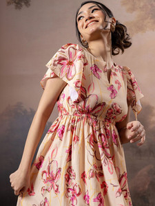 Vestido Midi de Manga Corta para Mujer, Estilo Túnica, Casual, Elegante, Transpirable, Sostenible, con Estampado Digital Tejido, Corte Imperio, para Primavera - Product Image 2