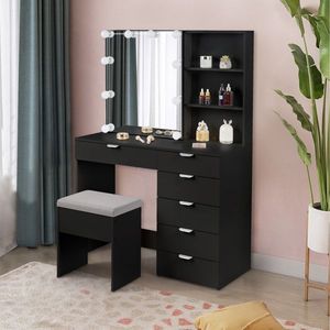 FCH Coiffeuse noire avec 6 tiroirs, 2 étagères, armoire miroir, placage triamine, ampoules 3 tons, en aggloméré - Product Image 6