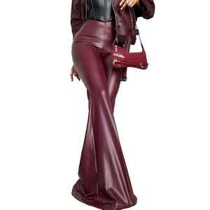 Plus Size Women High Waist Flare <b>Pants</b> PU Coated Satin Skinny Fit Full Length Solid Color Autumn Sexy Club Style - Product Image 6