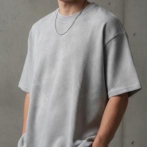 Men's Oversized <b>Waffle</b> Knit Short Sleeve T-<b>Shirt</b> Solid Gray Casual O-Neck Breathable Cotton Top - Product Image 2