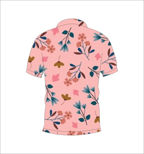 Polo Floral Multicolor Rosa con Patrón de Flores y Hojas Azules y Marrones, Manga Corta, Verano, Casual, Vista Frontal y Trasera - Product Image 1