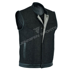 Custom Leather&Denim <b>Vest</b> <b>Black</b> Stitching Zipper Motorcycle Biker Men <b>Vests</b> With Multiple Pockets - Product Image 2