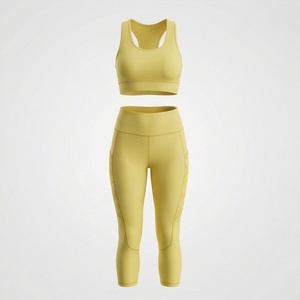<b>Women</b> Yellow <b>Seamless</b> Yoga Set 2 Piece Racerback Crop Top High Waist Calf Length <b>Leggings</b> - Product Image 1