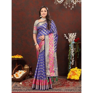 FANCY SUAVE SEDA ZARI TEJER TRABAJO SAREE CON BLUSA SIN COSTAR VIOLETA - Product Image 1