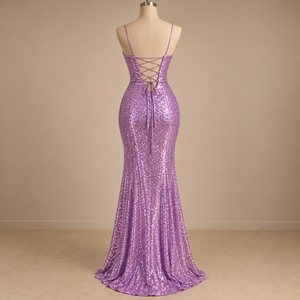 Robe de soirée sirène violette à sequins, bretelles spaghetti, longueur ras du sol, dos nu, fente latérale, pour soirée - Product Image 3