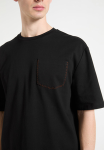 Camiseta de algodón negra extragrande para hombre con bolsillo en el pecho y costuras en contraste, cuello redondo informal, manga corta, tejido de punto. - Product Image 6