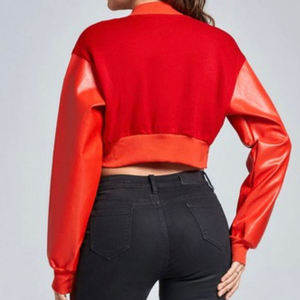 Women’s Varsity <b>Jacket</b> with Genuine Leather Sleeves Custom Wool Blend, <b>Patch</b> Embroidery, Breathable Short Fit - Product Image 4