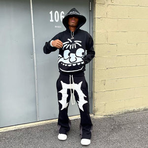 Ensemble sweat à capuche zippé et pantalon de jogging évasé pour homme, style sportif, effet vieilli, délavé à l'acide, vintage, imprimé DTG, pour l'automne - Product Image 1