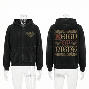 เสื้อฮู้ดดี้วินเทจสีดำแบบซิป แต่งลายพิมพ์สกรีน สไตล์สตรีทแวร์ ผ้าฟลีซหนานุ่ม ทรงโอเวอร์ไซส์ สำหรับผู้ชาย - Product Image 1