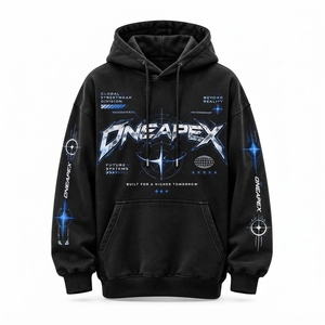 เสื้อฮู้ดดี้ผู้ชายสีดำ พิมพ์ลาย โอเวอร์ไซส์ สตรีทแวร์ ONEAPEX รับผลิตตามสั่ง ขายส่ง - Product Image 2
