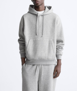 Sweat-shirt gris à capuche pour homme, manches longues, coupe ample, couleur unie, 100 % coton, poids moyen, avec cordon de serrage et poches - Product Image 1