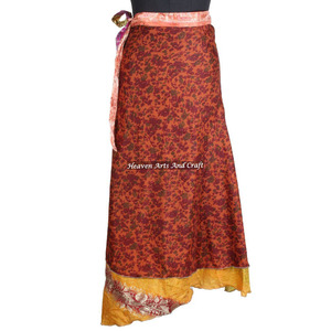 New Indian Vintage Silk Saree Wrap <b>Skirt</b> Women Wear Vintage Silk Sari <b>Long</b> Length Wrap Around <b>Skirt</b> 2 Layer Reversible Length - Product Image 1