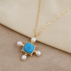 Blue Turquoise Adjustable Chain Pendant <b>Necklace</b> - Gold Plated Multi Fresh Water Pearl Gemstone <b>Statement</b> Jewelry - Product Image 3