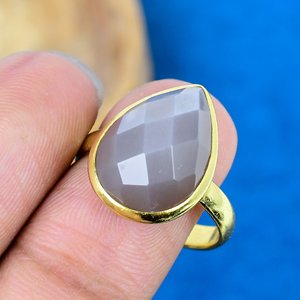Natural Gray Chalcedony Pear Shape Gemstone <b>Ring</b> 18k Gold Plated Over <b>925</b> Sterling <b>Silver</b> - Product Image 3