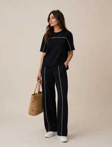 Women's Black <b>Short</b> Sleeve Crew Neck <b>Top</b> <b>And</b> Wide Leg Pants Tracksuit <b>Set</b> With White Contrast Piping - Product Image 1