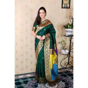 Sari en soie douce Banarasi Pallu Zari tissé avec Pallu Banarasi multicolore Couleur vert bouteille pour chemisiers et chemises pour femmes - Product Image 6