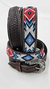 Cinturón de Cuero Genuino Estilo Western Vintage con Cuentas, Hebilla de Aleación, Diseño Geométrico con Incrustaciones de Cuentas, Cinturón Western para Hombre y Mujer - Product Image 3