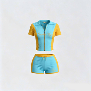 Custom <b>Rhinestone</b> logo Track Suit for Women Set Color Blocking Short Sleeve Zip <b>Jacket</b> and Shorts Women's Summer Two-piece Set - Product Image 3
