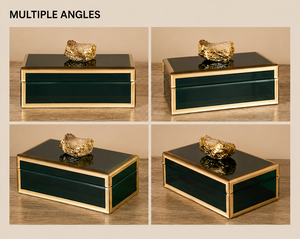 Boîte de rangement pour bijoux en verre vert foncé avec cadre en métal doré, accent en pierre naturelle, finition brillante, organisateur décoratif pour souvenirs - Product Image 6