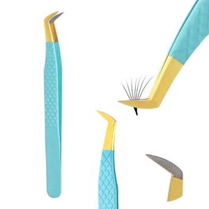 Premium Durable Stainless Steel <b>Light</b> Blue Diamond Grip Curved Serrated Tip Eyelash Extension Tweezers Gold Plated Fiber Tips - Product Image 1