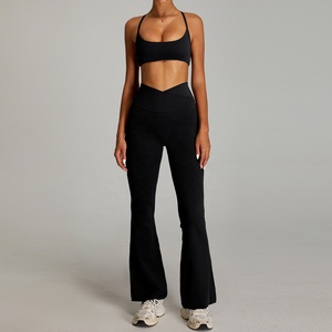 Seamless Yoga Set Black Crop Top High Waist Flared Pants 2 Piece Spandex Polyester Square Neck Spaghetti Strap Full Length - Product Image 1