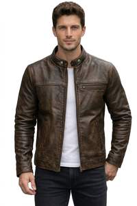 Veste Cafe Racer en cuir d'agneau véritable pour homme – Finition artisanale marron antique - Product Image 2