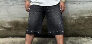 Shorts en jean pour homme avec strass, shorts en jean déchirés, ornés de cristaux, coupe slim, streetwear décontracté, mode estivale - Product Image 6