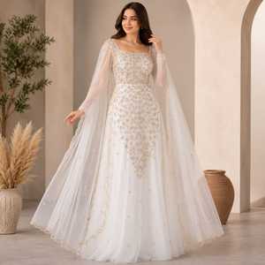 White Pearl Crystal Embellished Chiffon <b>Cape</b> Gown for <b>Women</b> Designer Bridal Evening Dress Premium Wedding Reception Embroidery - Product Image 5