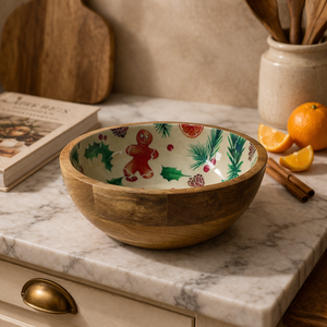 ชามเคลือบเงาธรรมชาติลายขนมปังขิง  ช้อนส้อมไม้มะม่วงแกะสลักด้วยมือ เป็นมิตรกับสิ่งแวดล้อม  ชุดอุปกรณ์เสิร์ฟสลัดจากไม้ธรรมชาติสำหรับใช้ในครัว - Product Image 3