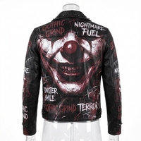 Blouson en cuir graphique d'horreur style clown gothique, avec sourire maléfique et sinistre, clouté, style motard, vêtement d'extérieur, personnalisé, vente en gros, streetwear pour hommes