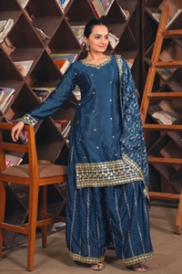 All Over <b>Sequin</b> Embroidered Chinon Silk Kurti <b>Flared</b> Palazzo Matching Dupatta Women Three Piece Traditional Salwar Suit - Product Image 2