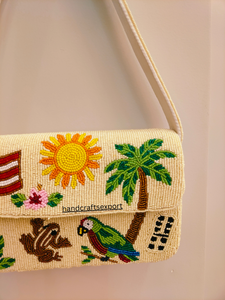 Bolso de Hombro Artesanal, Resistente, Ligero y Ecológico, con Cuentas, Diseño de la Bandera de Puerto Rico, Palmera, Loro y Sol, a la Moda - Product Image 2